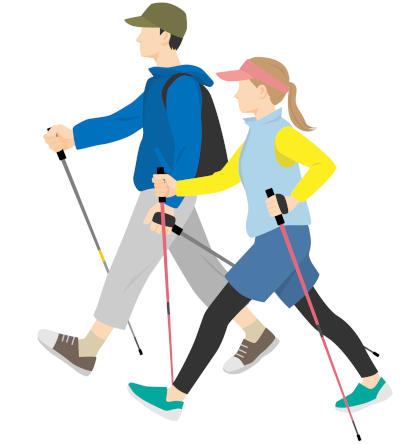 Nordic walking, man and woman walking using poles