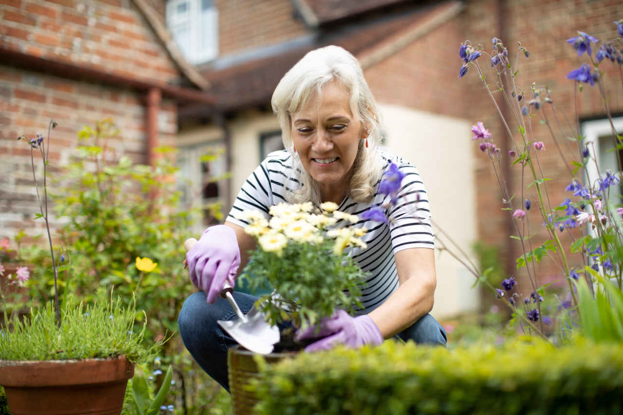 Senior woman potting plant as a part-time job after retirement