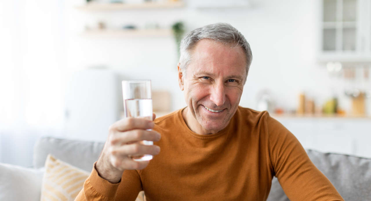 Senior man holding glass of water that he is drinking for hydration