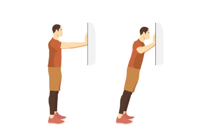 Sport Men doing exercise with wall push up plus posture. Workouts at shoulder and arm muscles and spine.